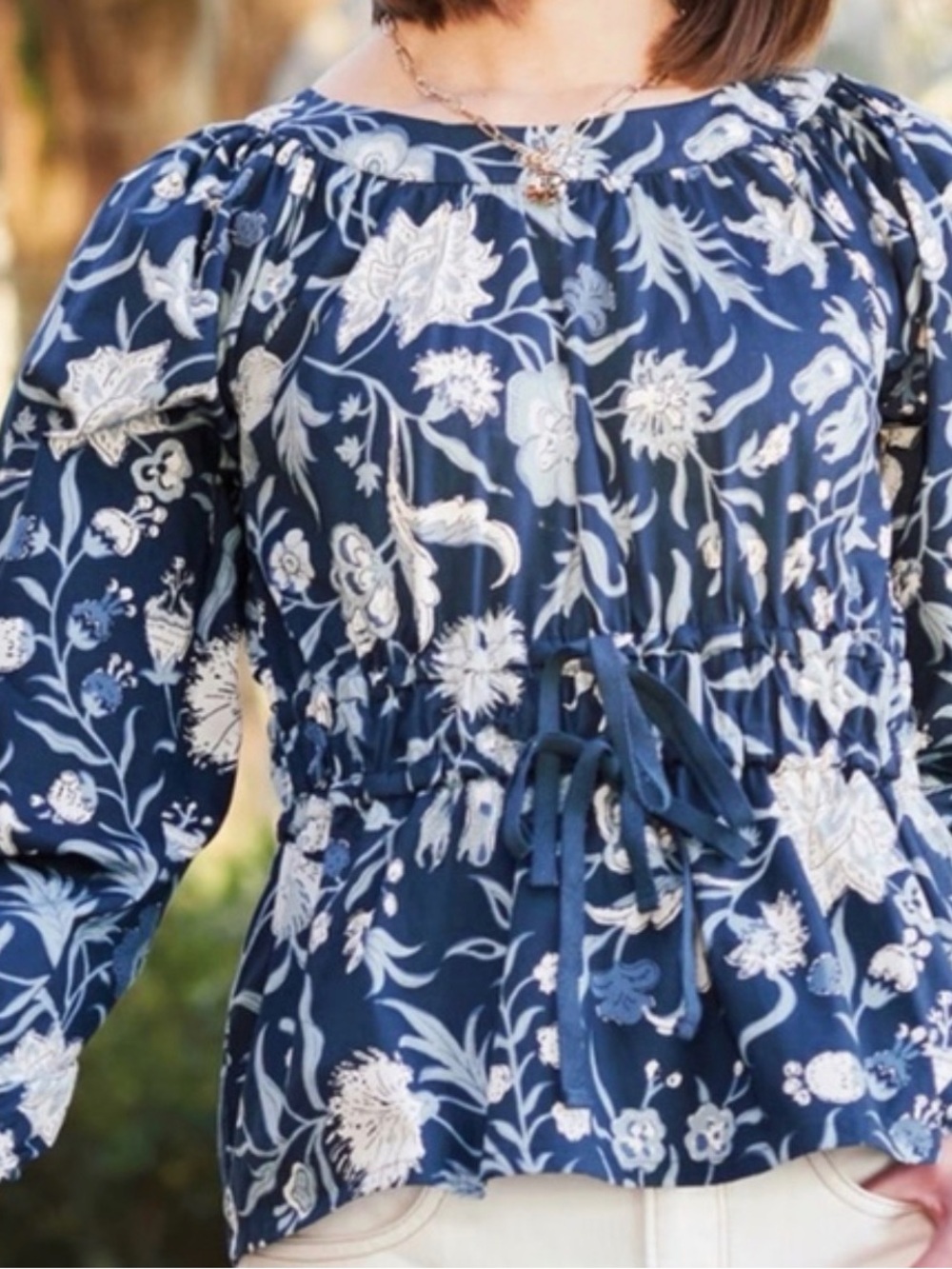 Spartina 449 Colette Blouse Hamilton Tie Top Long Sleeve Blue Floral Women’s M